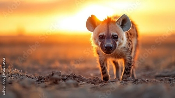 Obraz A curious hyena stands at dusk, illuminated by the warm glow of the sunset, reflecting the wild beauty of nature and the intrigue of wildlife.
