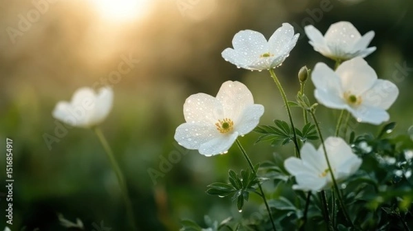Obraz Delicate white flowers adorned with dew glisten in the soft morning light, symbolizing freshness and the beauty of nature in a serene, peaceful setting. A true springtime beauty.