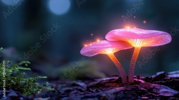 Obraz Two vibrant pink mushrooms emit a magical glow in a mesmerizing forest setting, illustrating the beauty of nature's wonders and the mystery of the wilderness.