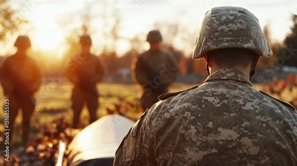 Obraz A soldier stands in solemn reflection at sunset, honoring a fallen comrade during a poignant ceremony, highlighting themes of sacrifice, camaraderie, and remembrance in the military.