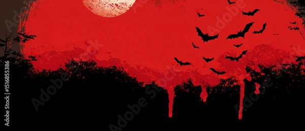Obraz abstract red & black halloween background with bats / vampires abstraction silhouettes flying on bloody cloud with full moon and blood drops falling down; copy space