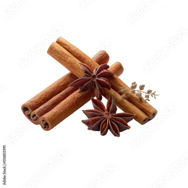 Obraz Aromatic cinnamon sticks are paired with fragrant star anise and delicate thyme sprigs, set against a clean white background for a captivating composition.