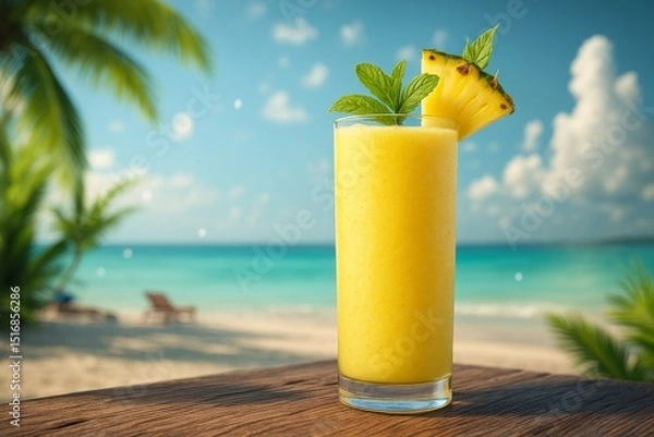 Obraz Refreshing tropical smoothies served in tall glasses, each garnished with a fresh fruit slice and mint, set against a vibrant beach background with turquoise ocean and palm trees. Perfect for summer p