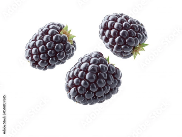 Fototapeta Three fresh blackberries with green stems are isolated on a bright white background, showcasing their juicy texture and deep purple color for a healthy snack.