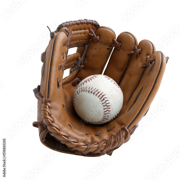 Obraz A clean baseball rests snugly inside a brown leather baseball glove, illuminated against a stark white background in a studio setting for crisp detail and clarity.