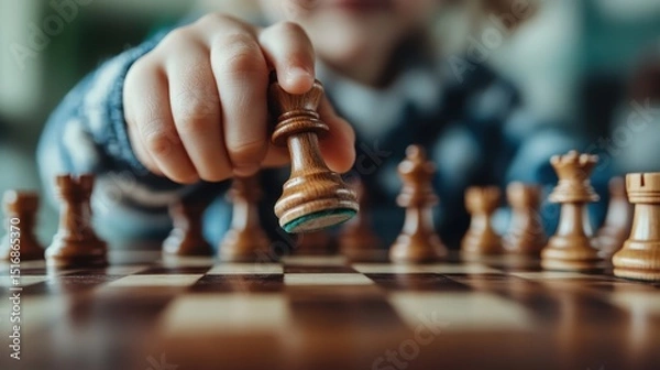 Obraz A focused child is confidently moving a wooden chess piece, engaged in a strategic game on a beautifully crafted chessboard, showcasing concentration and skill.