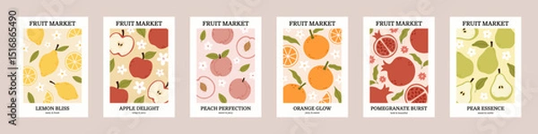 Fototapeta Set of different interior posters with fruits. Apple, lemon, peach, orange, pomegranate, pear. Vintage modern print art. Flat hand drawn vector illustration