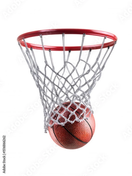 Obraz An orange basketball falls through the white net and red hoop of a basketball goal isolated on a clean white background in a studio shot ready for a game.