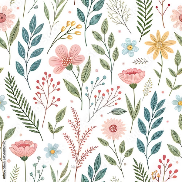 Obraz Whimsical Watercolor Seamless Floral Pattern with Colorful Blooms