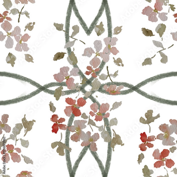 Fototapeta Floral seamless pattern created from a watercolor painting, with bouquets of flowers on a white background with green lace details	