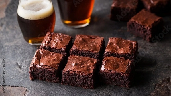 Obraz Indulge in the rich decadence of chocolate brownies paired with a refreshing beer. This delightful combination is perfect for gatherings, dessert lovers, and food enthusiasts alike!