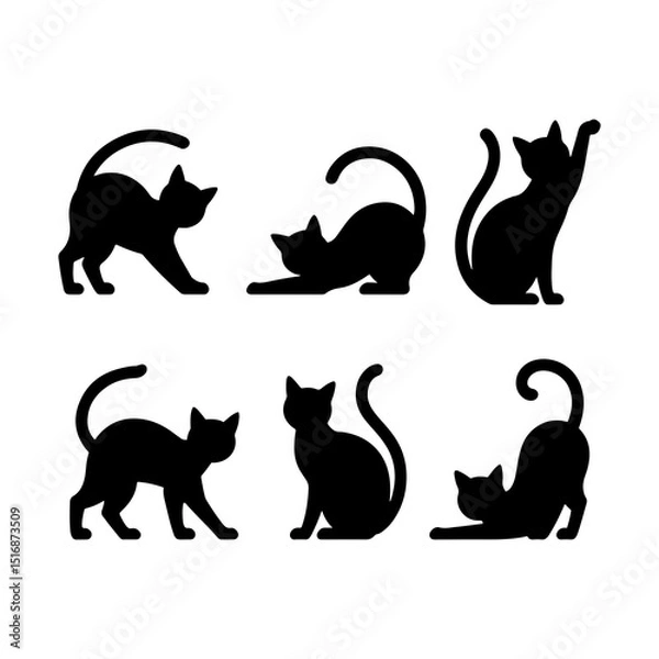 Fototapeta Silhouette of six black cats in various poses such as stretching and sitting on a white background