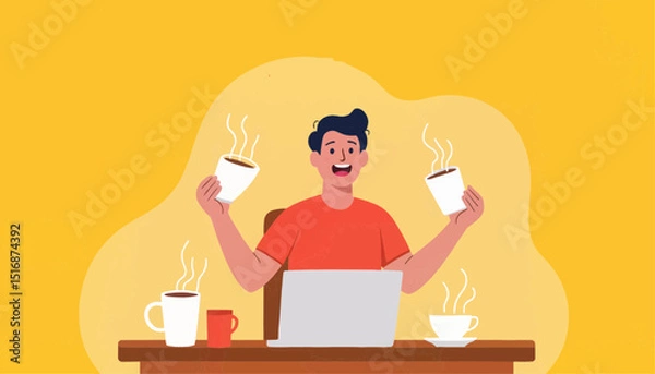 Fototapeta Young man happily enjoying coffee while working on laptop at desk  