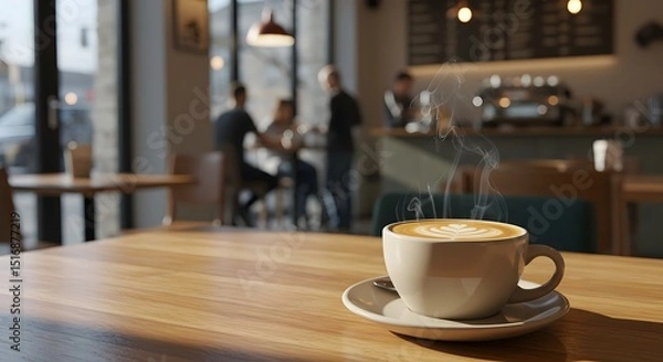 Obraz Aromatic Latte Art Coffee in Sunny Cafe Setting with Blurred Background People Enjoying Drinks and Conversation