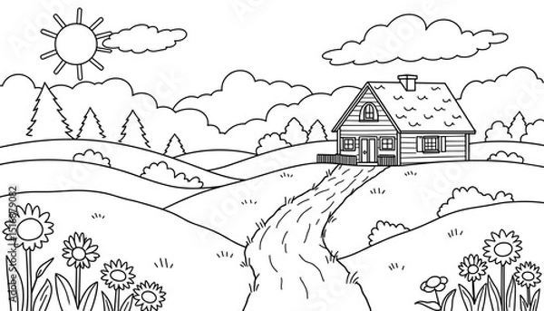 Obraz Black and white coloring page of a house in a countryside landscape  
