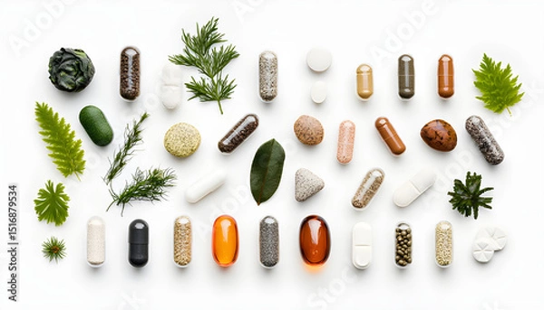 Obraz Medical marijuana products and CBD oil on white background with herbal supplements concept