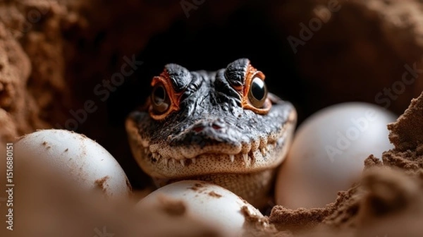 Obraz A captivating close-up of a frog surrounded by its eggs, displaying a fierce facial expression, symbolizing protection and the cycle of life in nature's vibrant habitat.