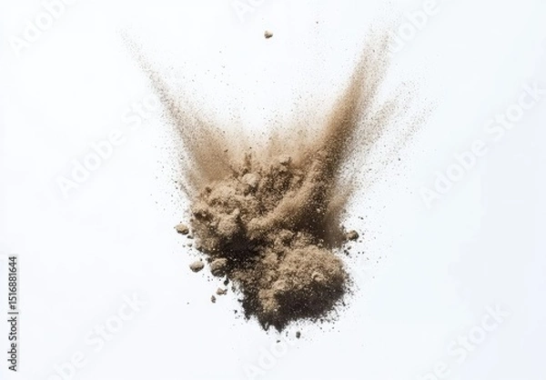 Fototapeta Exploding soil against white background.  Fine particles disperse outward