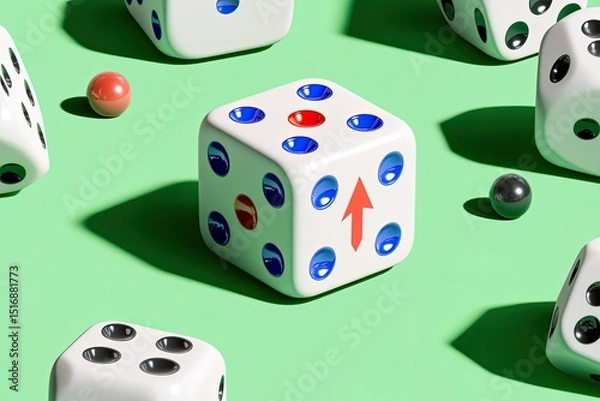 Fototapeta Dice with upward arrow on a green surface.  Several dice in various positions
