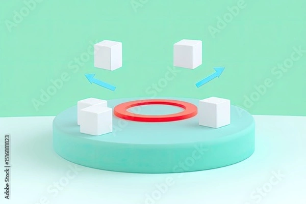 Fototapeta Abstract 3D render of white cubes moving around a teal circular platform with a red circle
