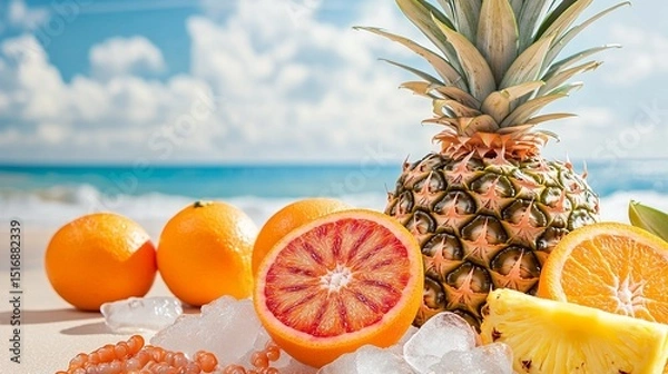 Fototapeta Tropical fruits arranged on a beachside, showcasing vibrant colors and refreshing elements, perfect for summer vibes, healthy living, and culinary delights in sunny settings.