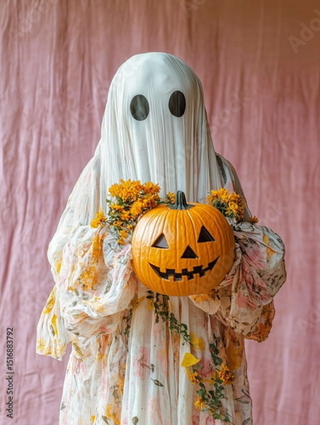 Obraz Halloween portrait scene with a ghost in a white floral sheet holds a carved pumpkin and a bright flowers, standing against a pale pink sheets backdrop. Spooky with a sweet, whimsical retro twist.