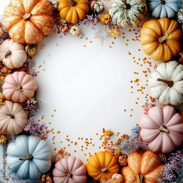 Fototapeta A pastel Halloween arrangement, colorful pumpkins and gourds, from pale white to deep orange and pink, encircle a blank white space, accented by scattered confetti and autumnal florals.