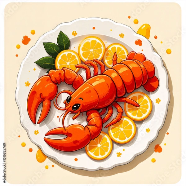 Fototapeta Playful lobster served on a white plate with lemon slices and leaves, styled in a vibrant, whimsical illustration.