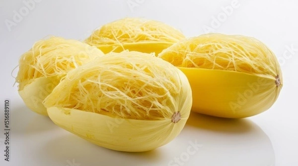 Fototapeta Halved spaghetti squashes displaying spaghetti-like strands, resting on reflective white surface, showcasing bright yellow flesh and distinctive stringy interior texture