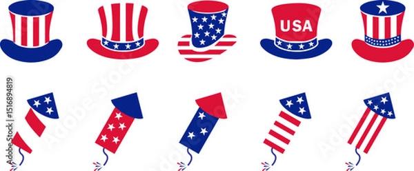Fototapeta Fireworks Fourth of July.Set of fireworks and firecracker with a red and blue stars and sparks . United states of america independence day fireworks. Red, blue fireworks for 4th of July .Uncle Sam Hat