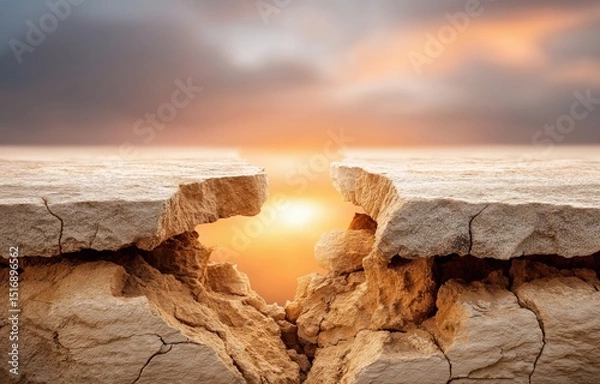 Fototapeta Symbolizing the skills gap between education and employment with a broken bridge concept at sunset