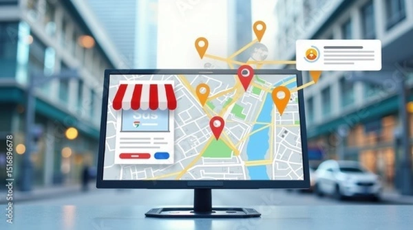 Fototapeta Local SEO Optimization for Businesses with Marketers Enhancing Google My Business Listings Using AI in a Modern Urban Setting