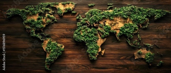 Obraz World map carved into wood with lush green moss covering continents, blending nature and craftsmanship. Eco, travel, decor themes.