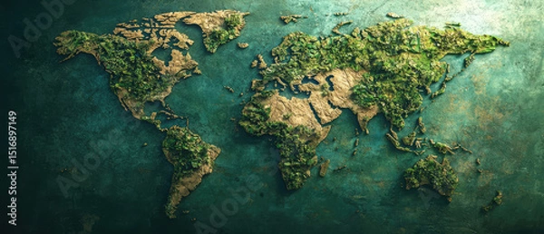 Obraz A textured world map with continents in earthy tones and lush green patches, set against a deep ocean backdrop. Travel, geography, or eco-friendly themes.
