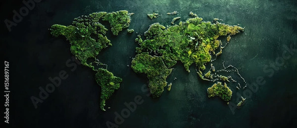 Obraz A textured world map with continents in earthy tones and lush green patches, set against a deep ocean backdrop. Travel, geography, or eco-friendly themes.