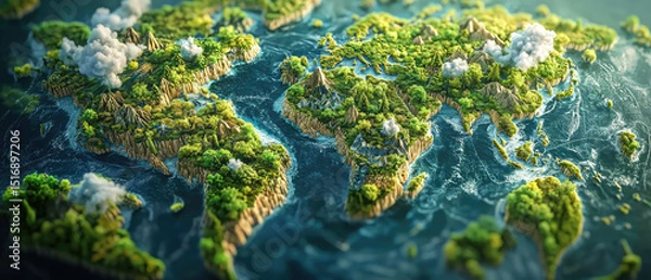 Obraz A textured world map with continents in earthy tones and lush green patches, set against a deep ocean backdrop. Travel, geography, or eco-friendly themes.
