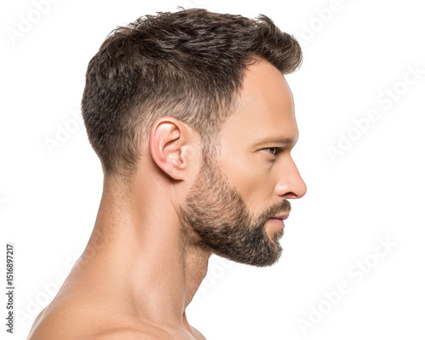 Fototapeta Handsome man with stylish hairstyle is shown profile, showcasing well groomed beard and strong jawline. His expression conveys confidence and sophistication, making him ideal subject for beauty