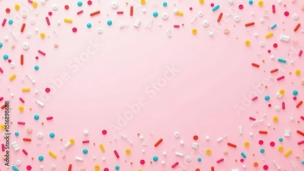Fototapeta trendy pattern of colorful sprinkles for background of design banner, poster, flyer, card, postcard, cover, brochure over pink