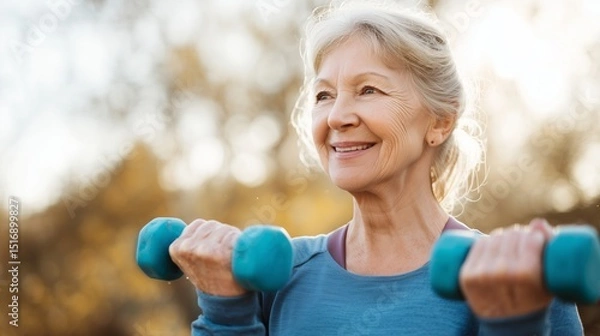 Obraz Active senior woman exercises with dumbbells outdoors in a sunny park setting