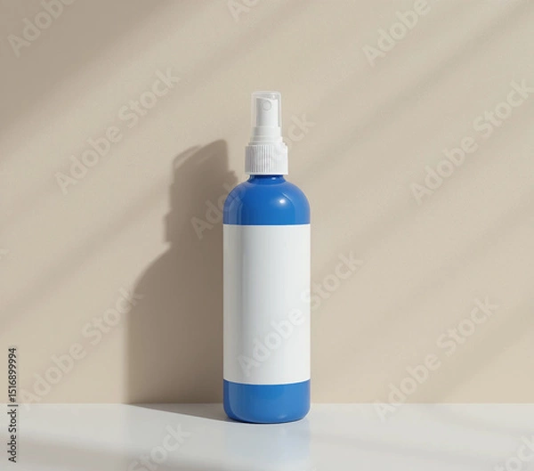 Fototapeta Blue spray bottle mockup with blank label on beige background