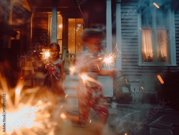 Obraz Children  Play with sparkler on the Fourth of July, Independence Day fireworks fun