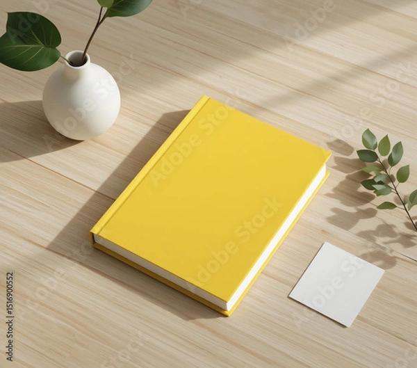 Fototapeta Yellow book mockup with greenery on wooden table