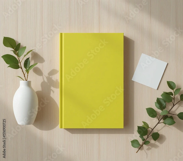 Fototapeta Flatlay mockup yellow book with greenery and notecard
