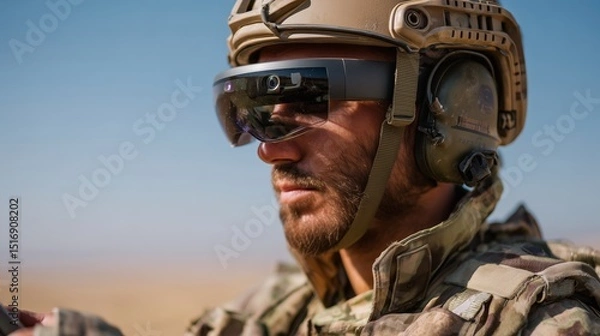 Obraz Soldier utilizing augmented reality technology in desert environment during military operation