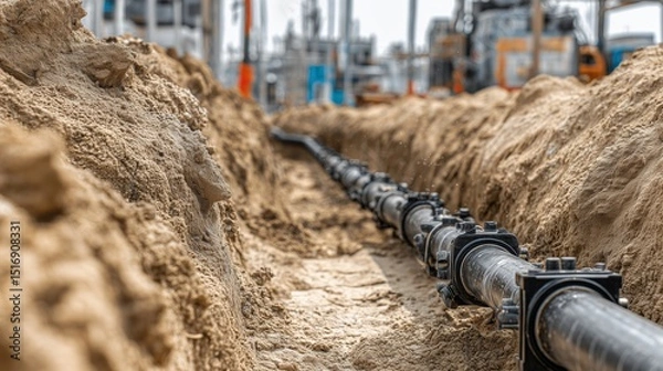 Obraz Underground plumbing installation with black pipes and fittings in a trench at a construction site