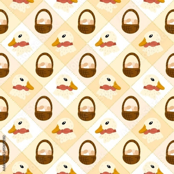 Obraz Seamless pattern with cute ducks in red bows and egg baskets on patchwork pastel squares. Ideal for baby fabrics, farm themes, and Easter designs.