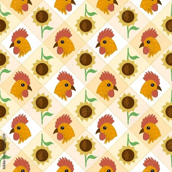 Obraz Seamless farm pattern with cute chicken heads and sunflowers on pastel patchwork squares. Perfect for children's textiles and rustic designs.