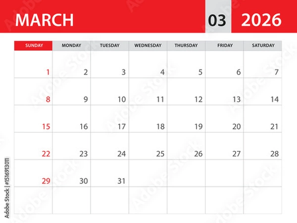 Fototapeta Calendar 2026 template vector - march 2026 template, planner monthly design, Desk calendar 2026, Wall calendar design, Minimal style, advertisement, poster, printing media, red horizontal layout 