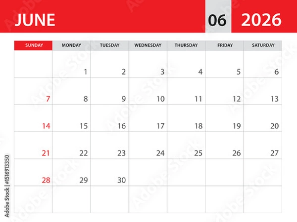 Fototapeta Calendar 2026 template vector - june 2026 template, planner monthly design, Desk calendar 2026, Wall calendar design, Minimal style, advertisement, poster, printing media, red horizontal layout 