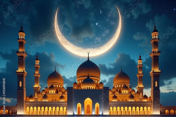 Fototapeta Muharram Islamic New Year Celebration with Crescent Moon and Lanterns

